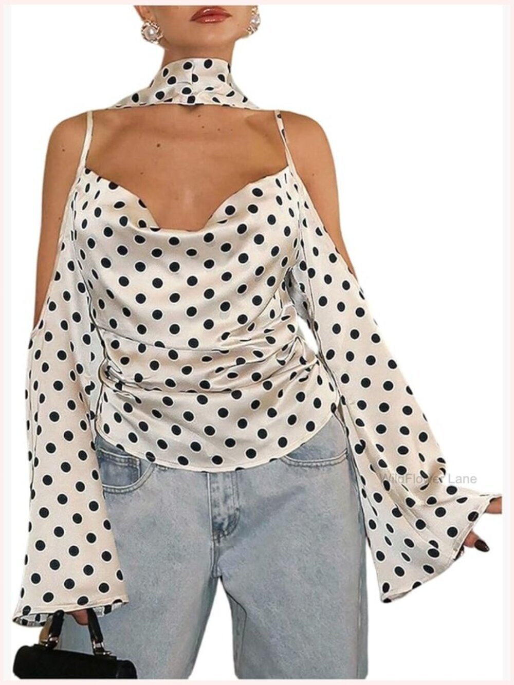 Polka Dot Cold Shoulder Satin Blouse with Scarf Long Sleeve Ruched
